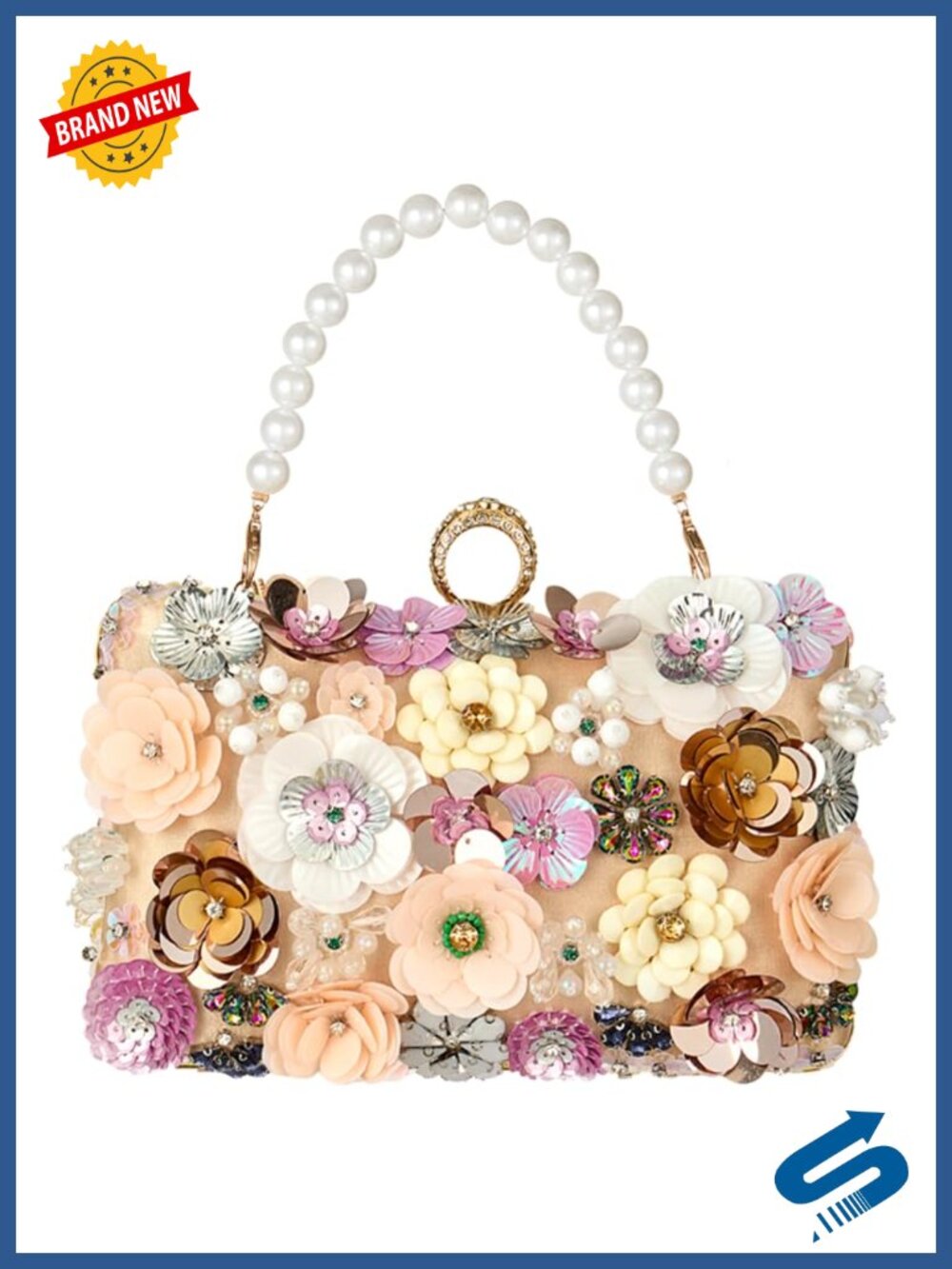Womens Floral Sequin Rhinestone Evening Clutch with Detachable Chain